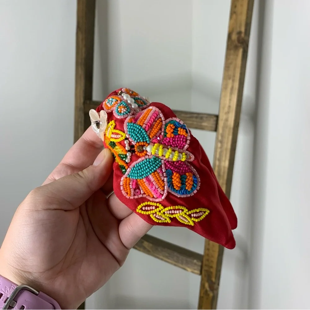 Treasure Jewels Vibrant Red Embroidered Butterfly Headband